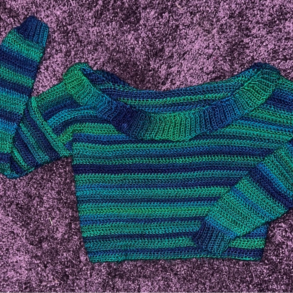 Crochet Cropped Striped Off-Shoulder Sweater